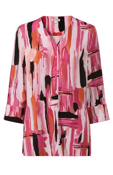 Langärmliges Damenhemd in Rosa- und Rottönen mit schwarzem und weißem abstraktem Musterdruck, V-Ausschnitt mit Knopfleiste, lockere Passform, fallend