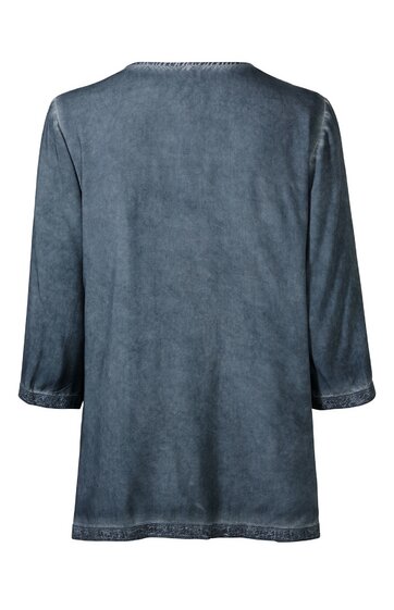 Dunkelgraues Langarmshirt ohne Muster, Rundhalsausschnitt, gerade geschnitten, hinten abgebildet, einfache Form ohne sichtbare Verzierungen