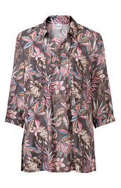 Langarmbluse in Braun mit buntem Blattmuster in Rosa, Blau, Beige, Hemdblusenkragen, durchgehende Knopfleiste, lockere Passform