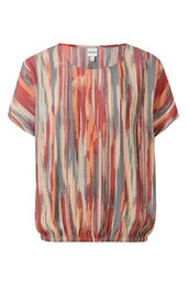 Kurzärmlige Bluse in Orange, Beige, Blau und Grau gestreift, lockere Passform, Rundhalsausschnitt, elastischer Bund, ohne sichtbare Verschlüsse