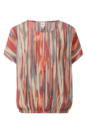 Kurzärmlige Bluse in Orange, Beige, Blau und Grau gestreift, lockere Passform, Rundhalsausschnitt, elastischer Bund, ohne sichtbare Verschlüsse