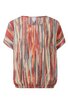 Kurzärmlige Bluse in Orange, Beige, Blau und Grau gestreift, lockere Passform, Rundhalsausschnitt, elastischer Bund, ohne sichtbare Verschlüsse
