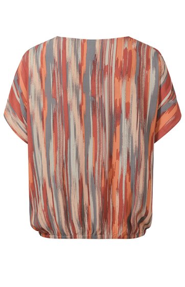 Kurze Bluse in lachsorange, grautönen und beige mit vertikal verlaufendem Streifendessin, rundem Halsausschnitt, kurzen Ärmeln, lockere Passform, gesmokter Bundabschluss