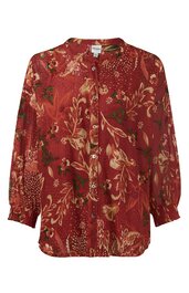 Rote Bluse mit floralen Beigen und Braunen Mustern, Stehkragen, Knopfleiste vorne, lange Ärmel mit elastischen Bündchen, gerade geschnitten