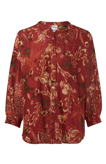 Rote Bluse mit floralen Beigen und Braunen Mustern, Stehkragen, Knopfleiste vorne, lange Ärmel mit elastischen Bündchen, gerade geschnitten