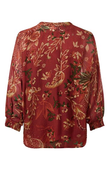 Rotes Langarmshirt mit Blumenmuster in Beige und Grün, Stehkragen mit Knopfverschluss hinten, lockere Passform, elastische Bündchen an den Ärmeln, Rückenansicht