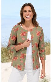 Jacke olivgrün mit roten Blumenmuster, Rundhalsausschnitt, offene Front, 3/4-Ärmel, getragen von lächelnder stehender Frau, locker geschnitten