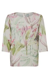 Damenbluse in hellrosa mit grünem und rosafarbenem Pflanzenmuster, halblange Ärmel, rundhalsausschnitt, gerade geschnitten, hinten mit kleinem Knopfverschluss