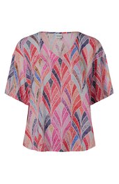 Kurzärmlige Bluse in Rosa mit buntem Blattmuster in Blau, Orange und Pink, V-Ausschnitt, weiter Schnitt, lockere Passform