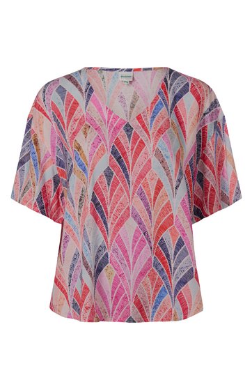 Kurzärmlige Bluse in Rosa mit buntem Blattmuster in Blau, Orange und Pink, V-Ausschnitt, weiter Schnitt, lockere Passform