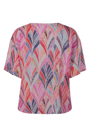 Kurzärmeliges Damenoberteil in Rosa mit mehrfarbigem geometrischem Muster, Rundhalsausschnitt, lockere Passform