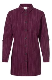 Dunkellila Hemdbluse mit senkrechten helleren Streifen, durchgehende Knopfleiste, klassischer Kragen, lange Ärmel mit Riegel zum Aufkrempeln, gerade geschnitten