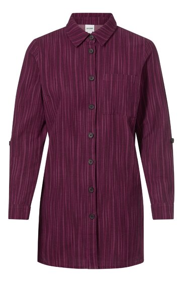 Dunkellila Hemdbluse mit senkrechten helleren Streifen, durchgehende Knopfleiste, klassischer Kragen, lange Ärmel mit Riegel zum Aufkrempeln, gerade geschnitten