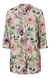 Langer, ärmelloser Damenmantel in cremeweiß mit großflächigem Blumenmuster in Rosa, Violett, Grün, durchgehende Knopfleiste, Stehkragen