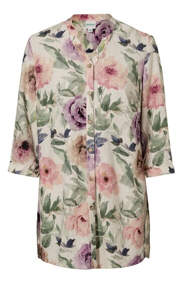 Langer, ärmelloser Damenmantel in cremeweiß mit großflächigem Blumenmuster in Rosa, Violett, Grün, durchgehende Knopfleiste, Stehkragen