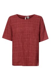 Rotes Damenoberteil mit leichtem Karomuster, kurzer weiter Arm, rundem Ausschnitt, lockere gerade Form, Knopfverschluss am Nacken