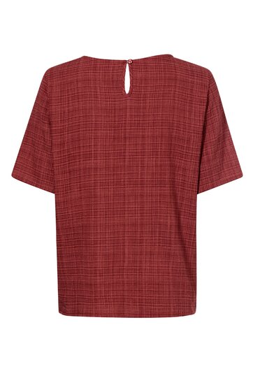 Rotes kurzärmeliges Oberteil mit feinem Karomuster, Rundhalsausschnitt mit kleinem Tropfenschlitz und Knopfverschluss hinten, gerade geschnittener Saum