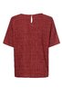 Rotes kurzärmeliges Oberteil mit feinem Karomuster, Rundhalsausschnitt mit kleinem Tropfenschlitz und Knopfverschluss hinten, gerade geschnittener Saum