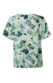 Kurzärmeliges T-Shirt in Hellgrün mit blau-grünem Blumenmuster, Rundhalsausschnitt, gerade geschnitten
