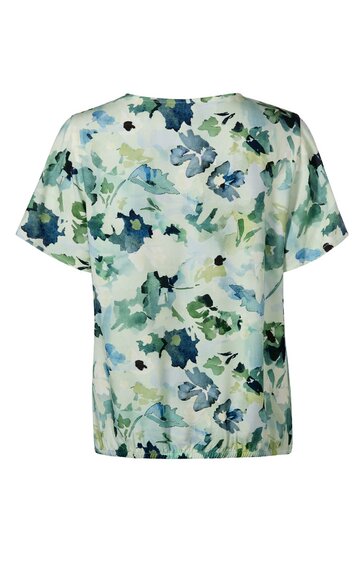 Kurzärmeliges T-Shirt in Hellgrün mit blau-grünem Blumenmuster, Rundhalsausschnitt, gerade geschnitten