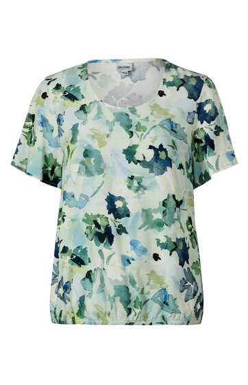 Kurzärmliges Damenoberteil in Weiß mit abstraktem mehrfarbigem Blumenmuster in Blau- und Grüntönen, Rundhalsausschnitt, lockere Passform, elastischer Saumabschluss
