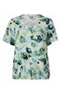 Kurzärmliges Damenoberteil in Weiß mit abstraktem mehrfarbigem Blumenmuster in Blau- und Grüntönen, Rundhalsausschnitt, lockere Passform, elastischer Saumabschluss