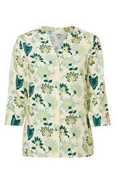 Hellbeiger Blazer mit grünem und blauem Blumenmuster, V-Ausschnitt, ohne Kragen, lange Ärmel, gerade geschnitten