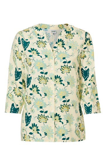 Hellbeiger Blazer mit grünem und blauem Blumenmuster, V-Ausschnitt, ohne Kragen, lange Ärmel, gerade geschnitten