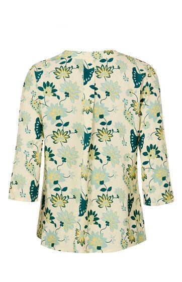 Langärmliger Blazer in cremeweiß mit floralem Muster in grün, beige, gelb und blau, offen getragen ohne Verschluss, gerader Schnitt, Rückenansicht