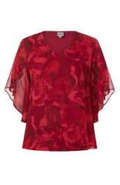 Rotes Damenoberteil mit abstraktem Muster in verschiedenen Rottönen, V-Ausschnitt, halblange weite Flügelärmel, lockere Passform