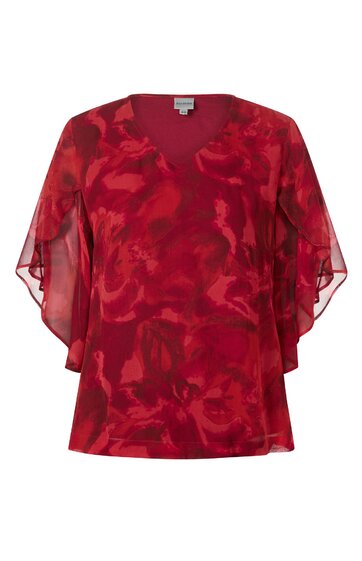 Rotes Damenoberteil mit abstraktem Muster in verschiedenen Rottönen, V-Ausschnitt, halblange weite Flügelärmel, lockere Passform