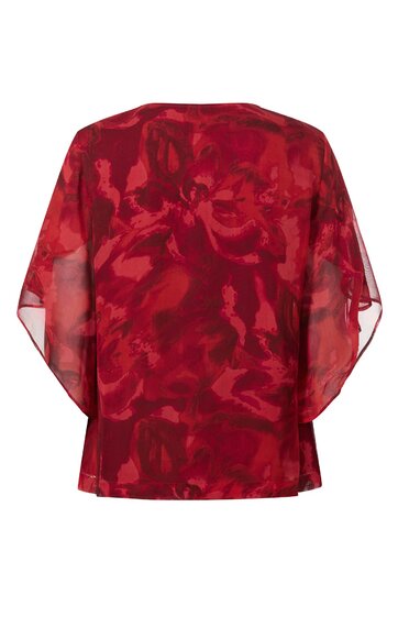 Rotes Damenoberteil mit abstraktem Muster in unterschiedlichen Rottönen, rundem Ausschnitt, weite kurze Fledermausärmel, gerade geschnitten