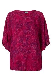 Rotes Oberteil mit floralen und abstrakten Mustern, rundem Ausschnitt, locker fallend, halblange, weite Ärmel
