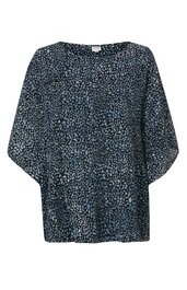 Damenbluse dunkelblau mit hellblauem abstraktem Punkten, rundhalsausschnitt, weite halblange Fledermausärmel, lockere Passform