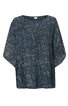 Damenbluse dunkelblau mit hellblauem abstraktem Punkten, rundhalsausschnitt, weite halblange Fledermausärmel, lockere Passform