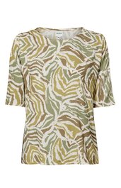 Übergroßes Damenshirt in Beige, Weiß, Olivgrün mit animalischem Allover-Print, rundem Ausschnitt mit kleinem Schlitz, halblange Ärmel, gerade geschnitten