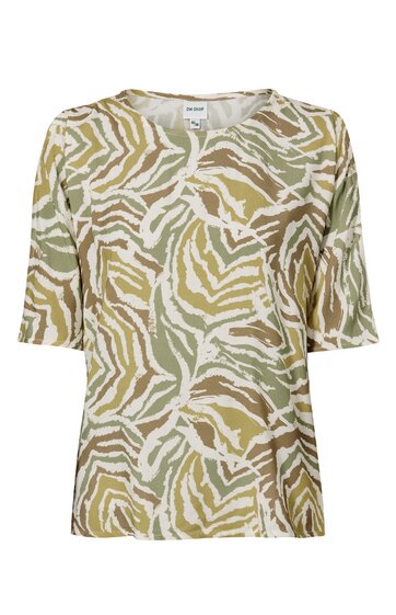 Übergroßes Damenshirt in Beige, Weiß, Olivgrün mit animalischem Allover-Print, rundem Ausschnitt mit kleinem Schlitz, halblange Ärmel, gerade geschnitten