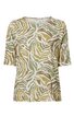 Übergroßes Damenshirt in Beige, Weiß, Olivgrün mit animalischem Allover-Print, rundem Ausschnitt mit kleinem Schlitz, halblange Ärmel, gerade geschnitten