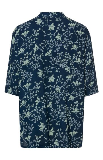 Dunkelblauer Blazer mit hellblauem Blumenmuster, ohne Kragen, lange Ärmel, gerade geschnitten, offen getragen