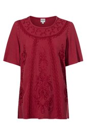 Damenbluse dunkelrot mit floralen Stickereien, Rundhalsausschnitt, kurze Ärmel, gerade geschnitten