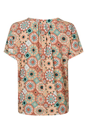 Kurzärmliges Damenoberteil in Beige mit buntem geometrischem Muster aus Sechsecken und Blumenmotiven, Rundhalsausschnitt, Knopfverschluss am Rücken