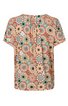 Kurzärmliges Damenoberteil in Beige mit buntem geometrischem Muster aus Sechsecken und Blumenmotiven, Rundhalsausschnitt, Knopfverschluss am Rücken