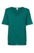 T-Shirt in dunkelgrün mit V-Ausschnitt, kurze Ärmel, gerade geschnitten, gehäkelte Details am Ausschnitt und Saum
