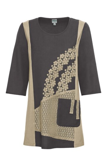 Graubraunes Damenoberteil mit beigen Einsätzen, florales Muster auf der Vorderseite, Rundhalsausschnitt, 3/4-lange Ärmel, asymmetrische Taschen auf der Vorderseite