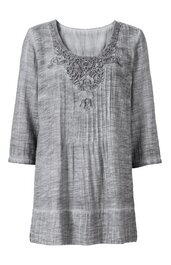 Grau melierte Tunika mit 3/4-Ärmeln, U-Ausschnitt, feiner Stickerei und Biesen am Vorderteil, gerade geschnitten