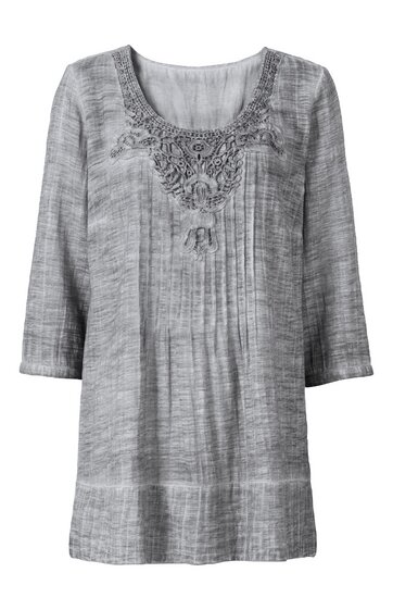 Grau melierte Tunika mit 3/4-Ärmeln, U-Ausschnitt, feiner Stickerei und Biesen am Vorderteil, gerade geschnitten