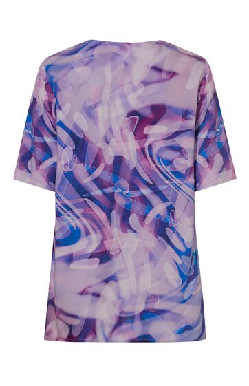 Kurzärmeliges Shirt in flieder, violett und blau, abstraktes Muster, Rundhalsausschnitt, lockere Passform