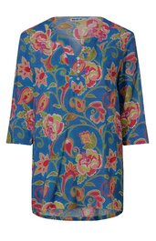 Blaues Damenoberteil mit pinken und gelben Blumenmuster, V-Ausschnitt mit Knopfleiste, 3/4-lange Ärmel, lockere Passform