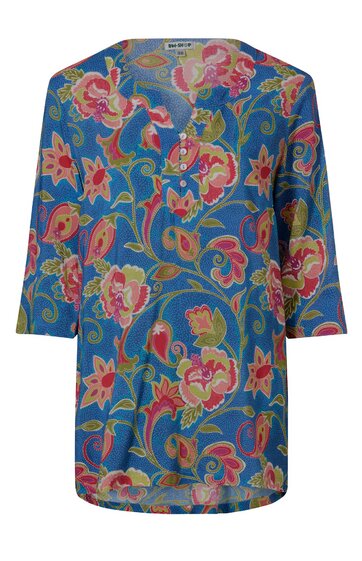 Blaues Damenoberteil mit pinken und gelben Blumenmuster, V-Ausschnitt mit Knopfleiste, 3/4-lange Ärmel, lockere Passform