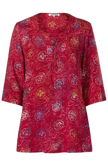 Rotes Damenoberteil mit mehrfarbigem Blumenmuster, Rundhals, Knopfleiste bis zur Brust, 3/4-lange Ärmel, locker geschnitten